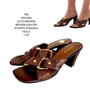 VTG. Y2K LIZ CLAIBORNE BROWN LEATHER BUCKLE STRAPPY HEEL SANDALS 7.5.